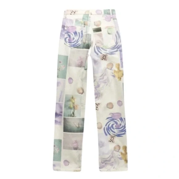 Zara NWT Size 4 Cream Pastel Seashell Art Print Straight Leg Jeans - Picture 8 of 11